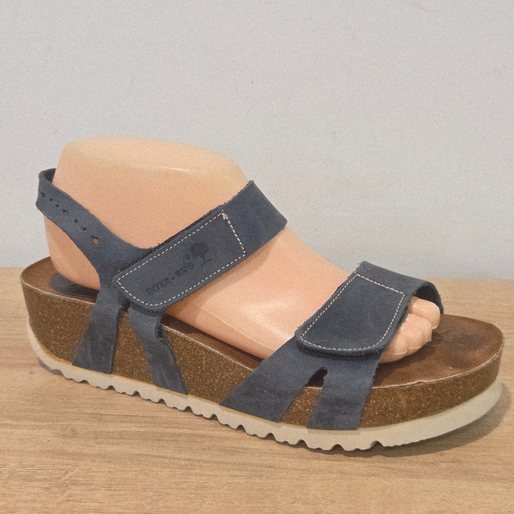 InterBios Wedge Sandals 41 / 10-10.5  Blue Suede Cork Platform Ankle Strap Comfy